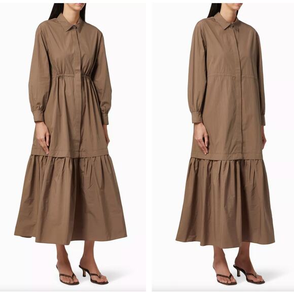 CO Essentials Long Sleeve Tiered Maxi Dress Cotton Tan Brown Sz M {Y47} - Picture 2 of 9